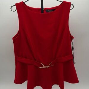 RACHEL Rachel Roy Red Peplum Top Gold Horsebit Buckle Sleeveless Blouse Flutter